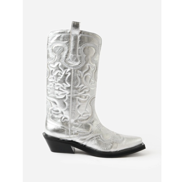 GANNI Made In Portugal Mid Shaft Embroidered Western Boots in Silver - Picture 3 of 5